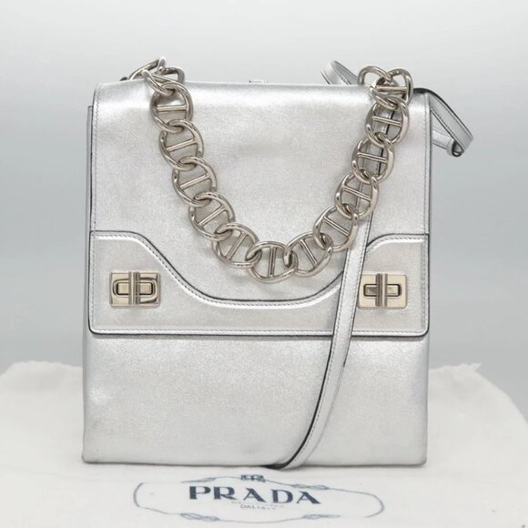 PRADA Chain Hand Bag Leather 2way Silver Auth BD055AV - Picture 2 of 15